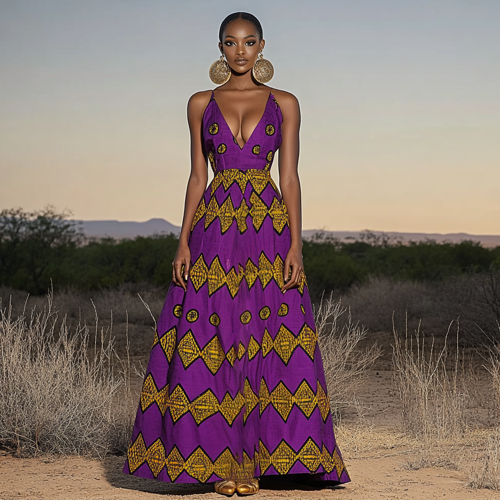 Retro African Tribal Floral Deep V Suspender Dress elevenforest