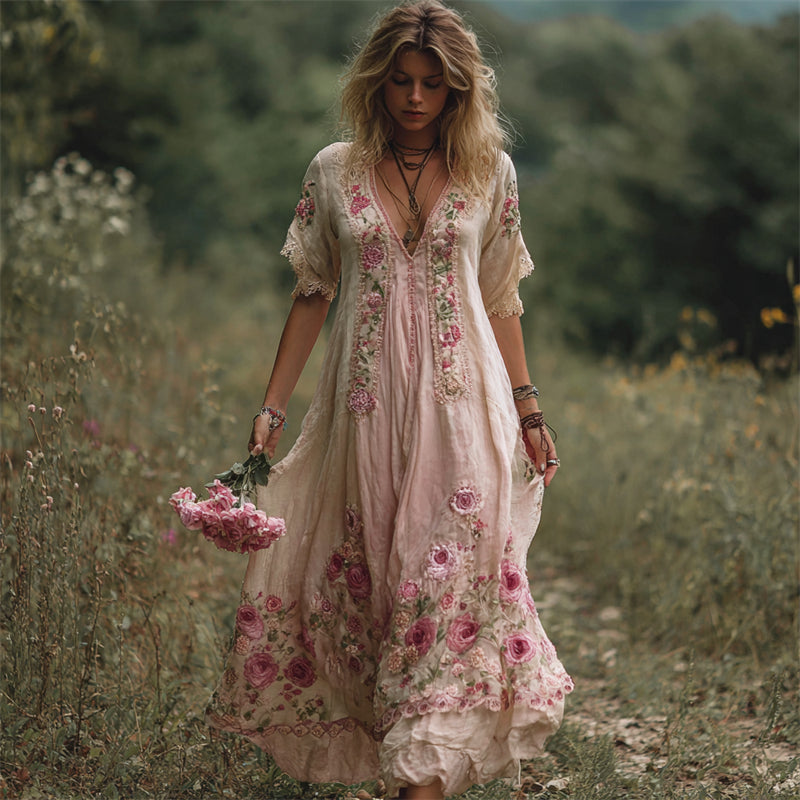 Vintage Boho Pink Floral Embroidered Dyed Linen Maxi Dress elevenforest