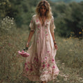 Vintage Boho Pink Floral Embroidered Dyed Linen Maxi Dress elevenforest