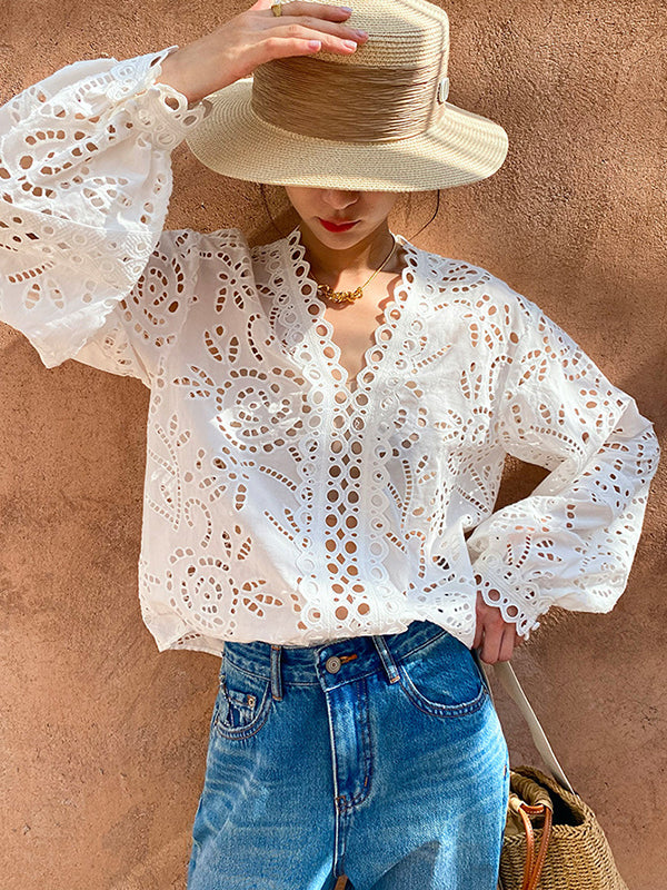 Long Sleeves Loose Hollow See-through Color Split-joint V-neck Blouses&shirts Tops