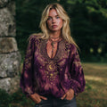 Woman's Mysterious Moon Golden Print Tie-dyed V-neck Linen Top elevenforest