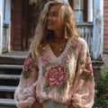 Comstylish Women's Vintage Floral Pink V-neck Sweater