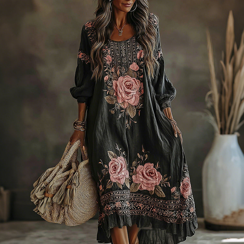 Women's Vintage Floral Art Flowy Linen Blend Casual Long Sleeve Maxi Dress elevenforest