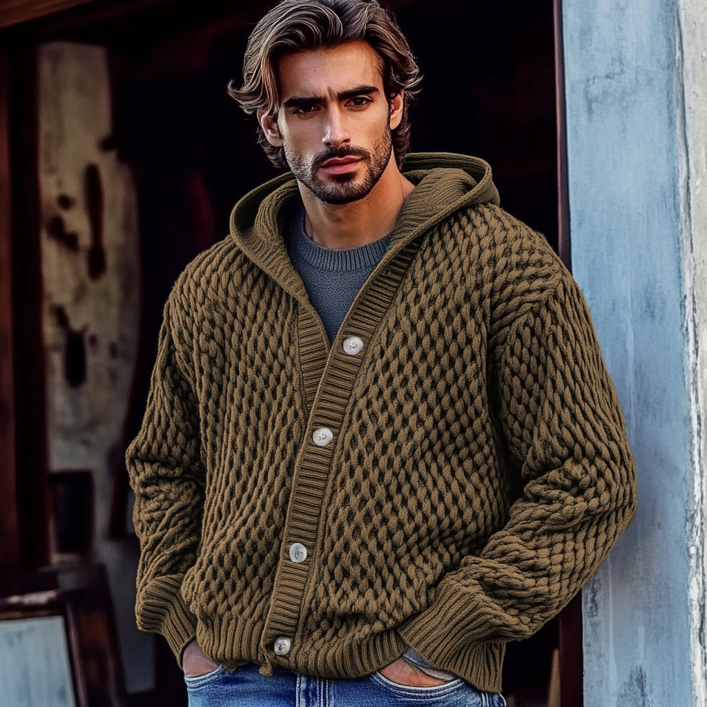 Men'S Waffle Braid Hooded Button Down Sweater artswardrobe