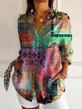 Women's Vintage Floral Art Print Casual Cotton Shirt
