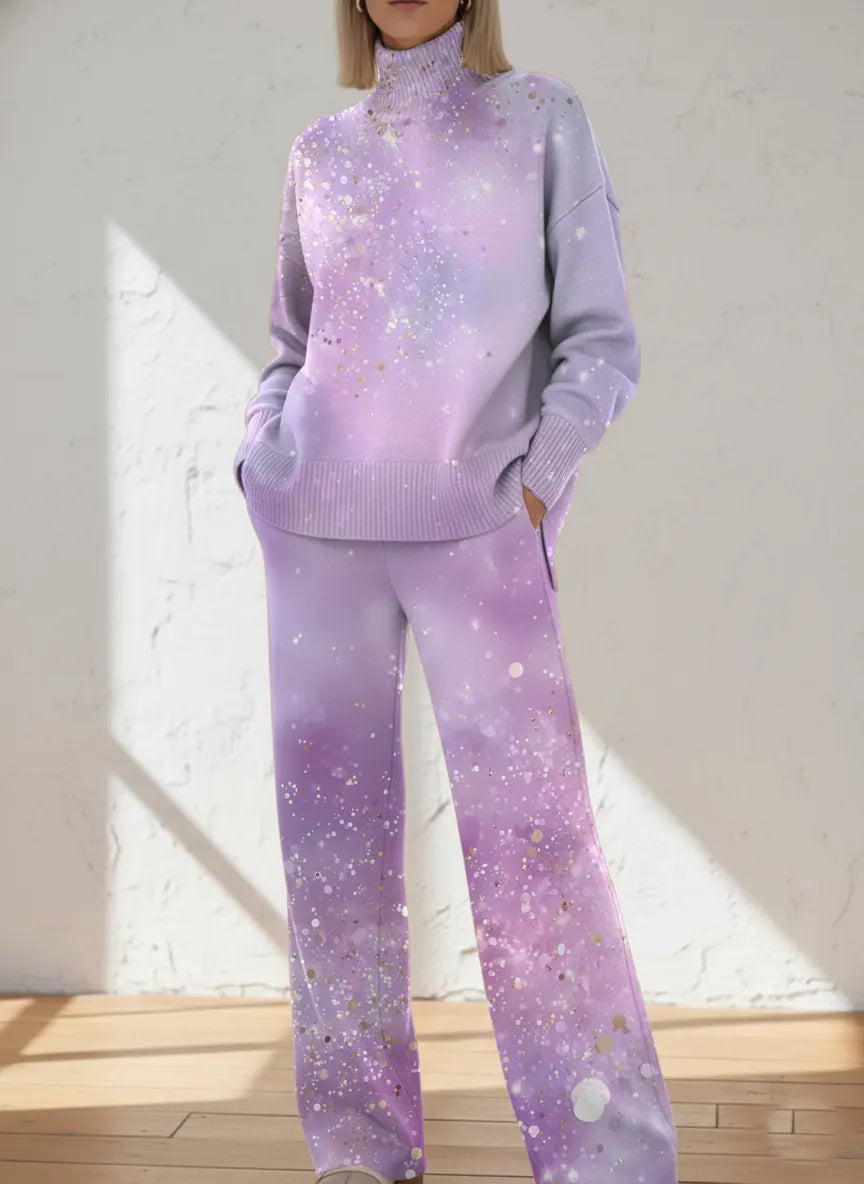 Women's Shiny Pattern Art Print Casual Knitted Cotton Top Pants Suit
