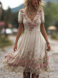 Ladies' Pink Flower Vintage White Linen Vintage V-neck Short-sleeved Long Dress elevenforest