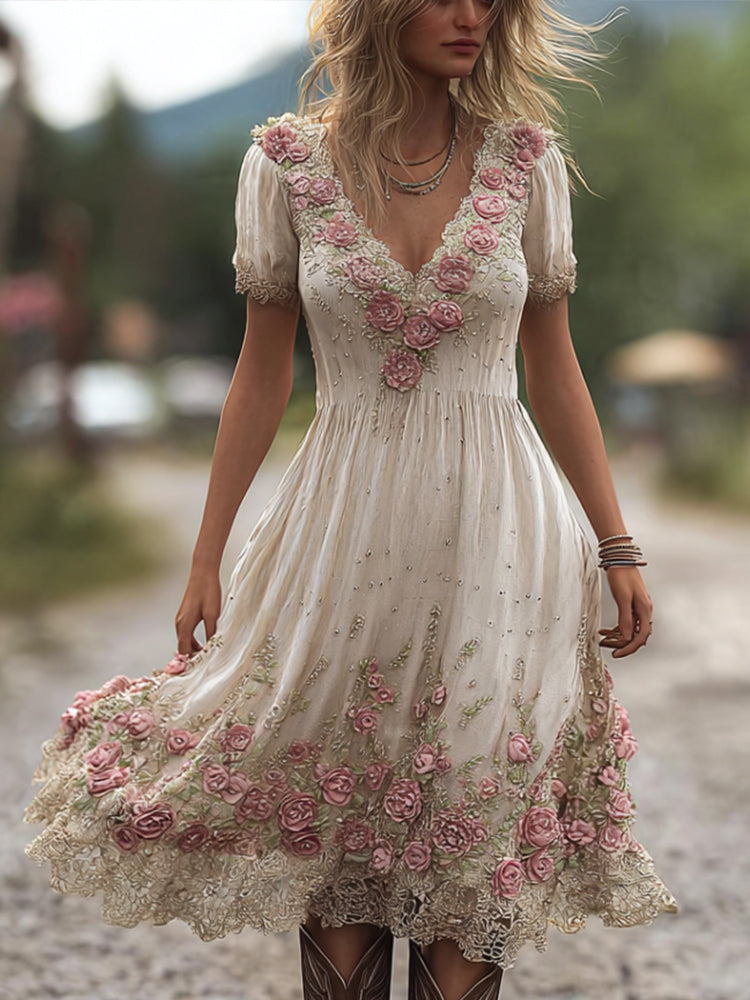 Ladies' Pink Flower Vintage White Linen Vintage V-neck Short-sleeved Long Dress elevenforest