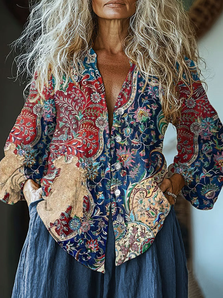 Women's Retro Colorblock Print Casual Shirt elevenforest