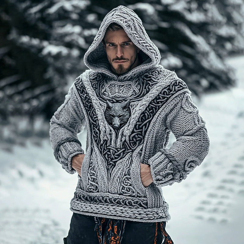 Men's Viking Tribal Wolf Inspired Chunky Knit Pocket Hooded Sweater elevenforest