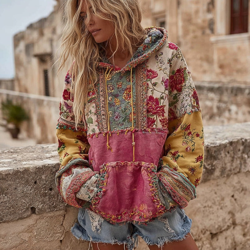 Women's Vintage Bohemian Floral Embroidery Patchwork Art Casual Hoodie elevenforest