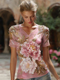 Bohème Pink Peony Sequin Embroidery V-neck Short Sleeves elevenforest