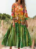 Women's Watercolor Flowers Print Flowy Cotton Crew Neck Dress