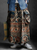 Women's Folk Art Floral Print Casual Cotton and Linen Pocket Skirt