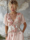Vintage Pink Boho Floral Art V Neck Cozy Linen Maxi Dress elevenforest