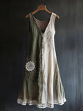 Vintage Lace Patchwork V Neck Linen Tank Dress elevenforest
