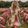 Women's Vintage Rose Floral Art Patchwork Comfy Midi Dress elevenforest