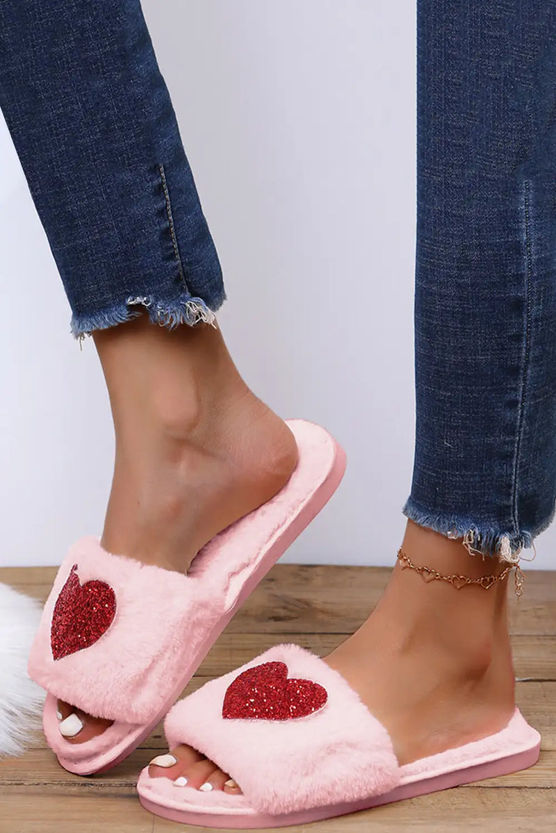 Pink Sequin Plush Heart Slippers
