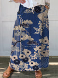 Women's Floral Art Printed Linen Pocket Skirt