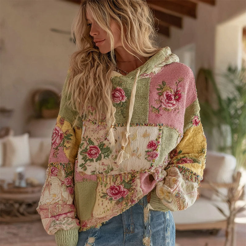 Comstylish Women's Vintage Floral Patchwork Art Knit Jacquard Hooded Sweater