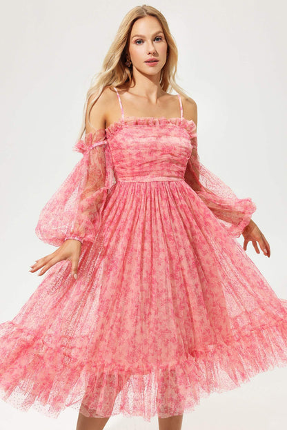 Lantern Sleeve Off-shoulder Pleated Midi Dress