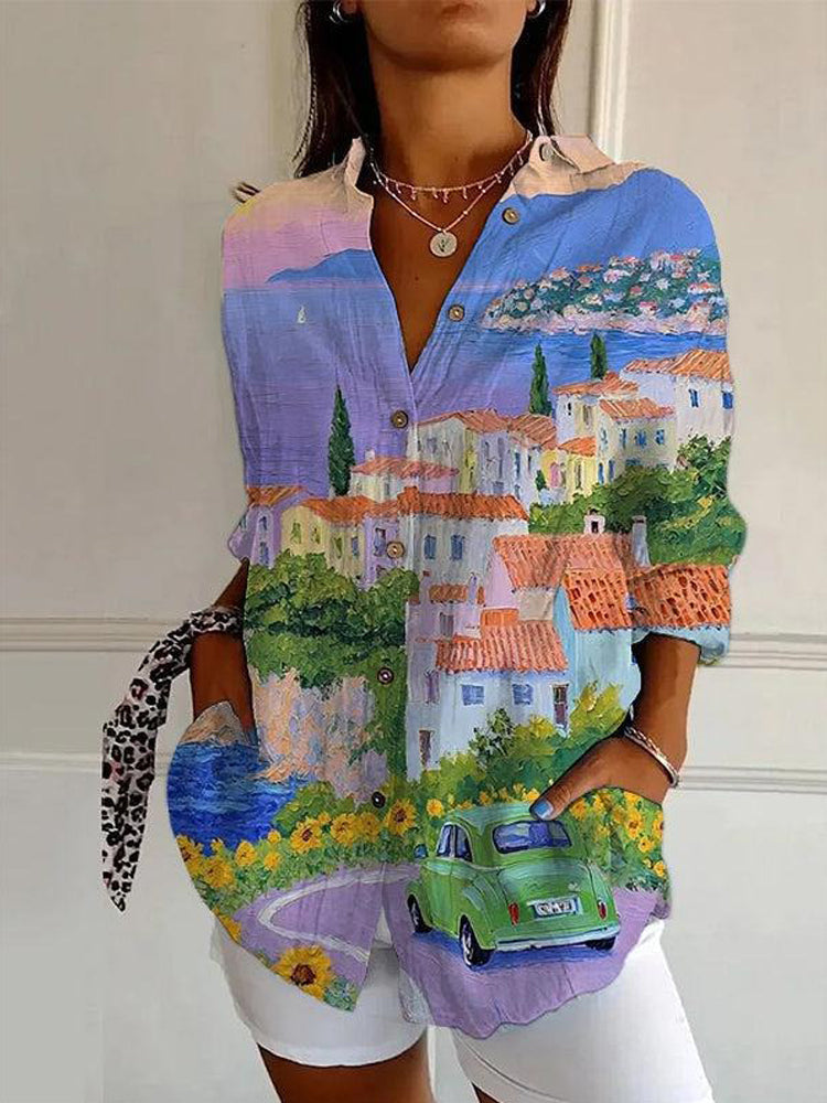 Spring Geometric Printed Women's Linen Blouse elevenforest