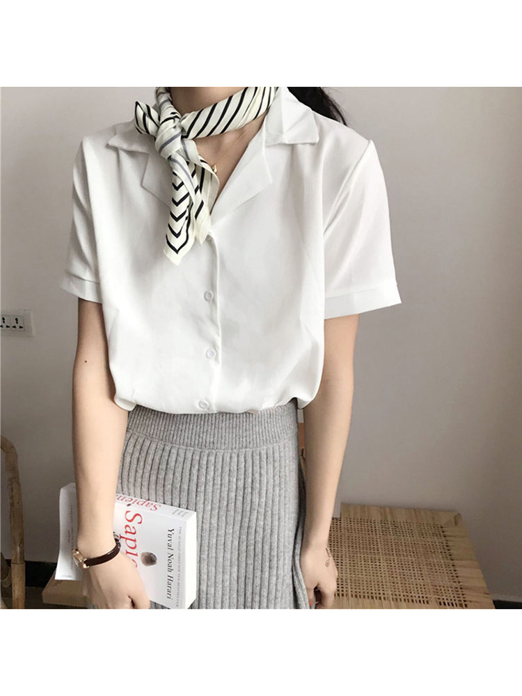 Summer Blouse Shirt for Short Sleeve V Neck Office Lady White Shirts Tops Japan Korean Style