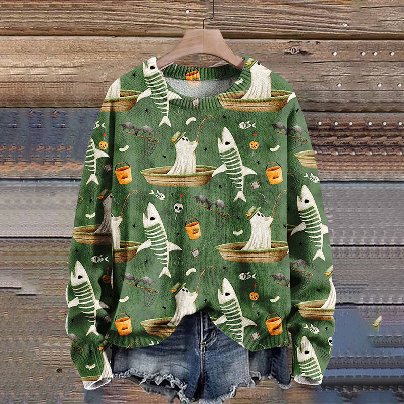Ghost Fishing Autumn Season Halloween Art Print Knit Pullover Sweater artswardrobe
