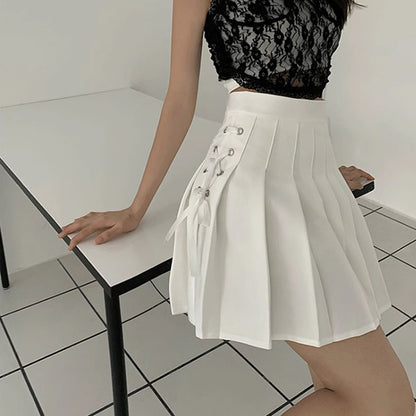 White Lace Up Pleated Skirts Summer Clothing Zipper Dancing Jk Mini Skirts Black Student A-line Skirt