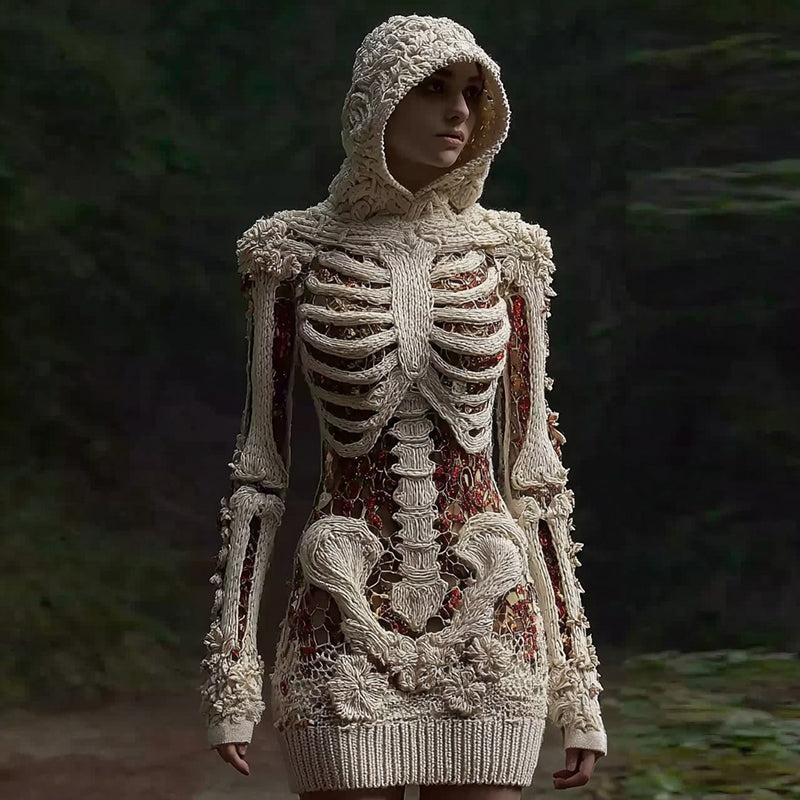Women's Halloween Sequined Skull Pattern Comfortable Knit Hooded Mini Skirt elevenforest