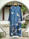 Comstylish Japanese Floral Patchwork Crane Pattern Women's Linen V-neck Maxi Dress