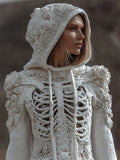 Comstylish Vintage White Roses Beaded Skeleton Hooded Cozy Knit Sweater