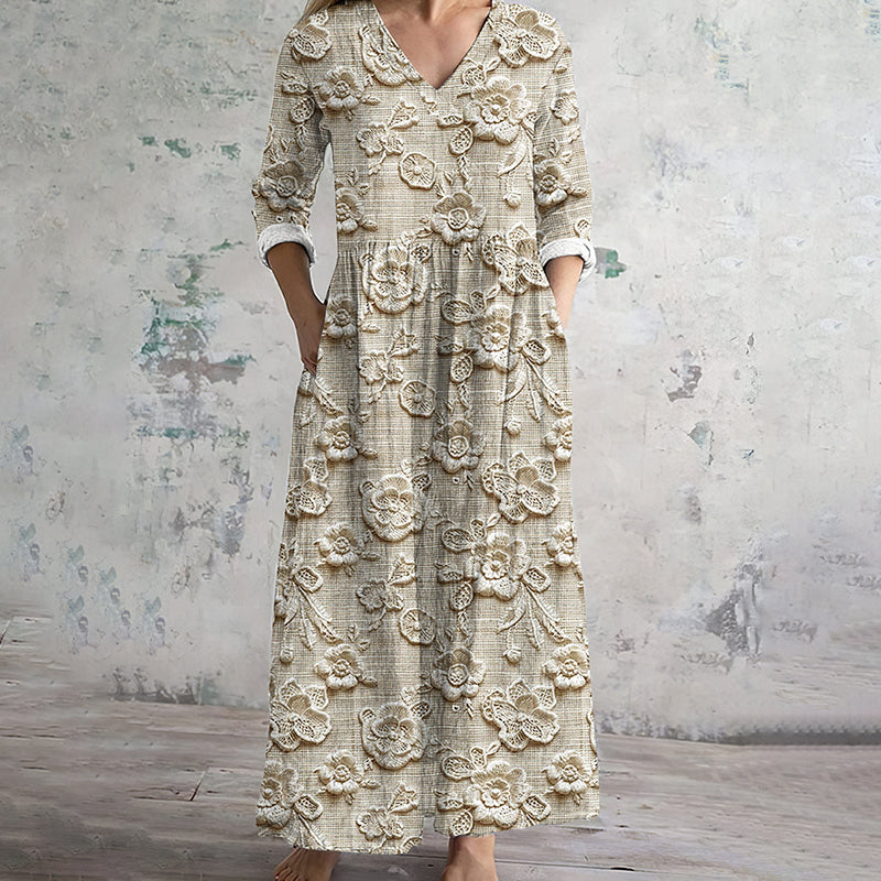 Women's Vintage Floral Art Cozy Linen Dress elevenforest