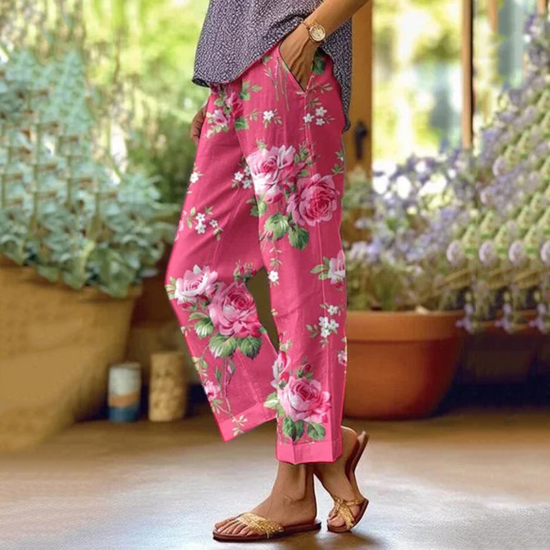 Comstylish Women's Floral Print Loose Pocket Splicing Casual Pants