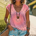 Comstylish Vintage Kaleidoscope Tie-dye Print Cotton V-neck T-shirt
