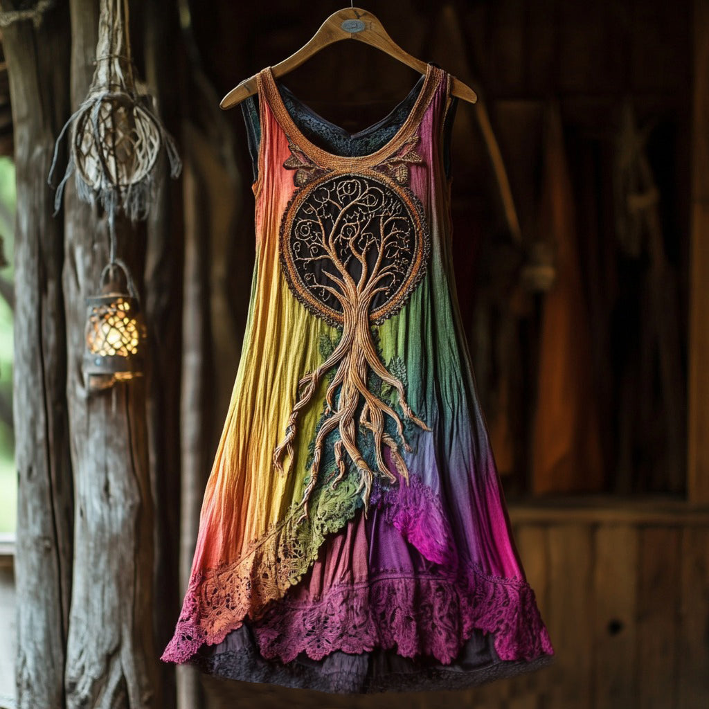 Vintage Life Of Tree Celtic Multicolour Tribal Art Comfy Tank Dress elevenforest