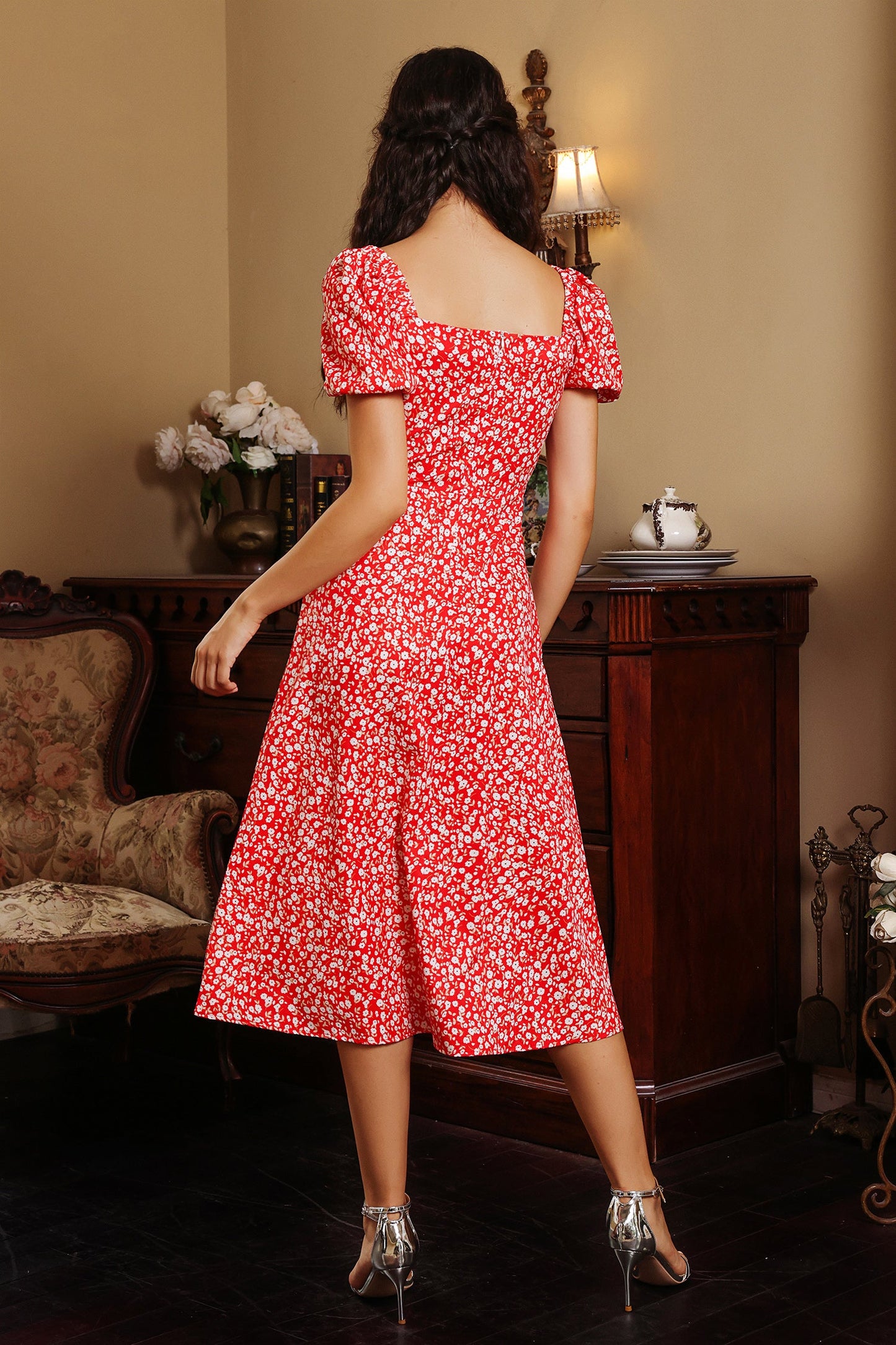 Puff Sleeve Slit Midi Dress Red