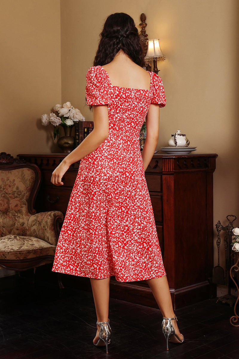 Puff Sleeve Slit Midi Dress Red