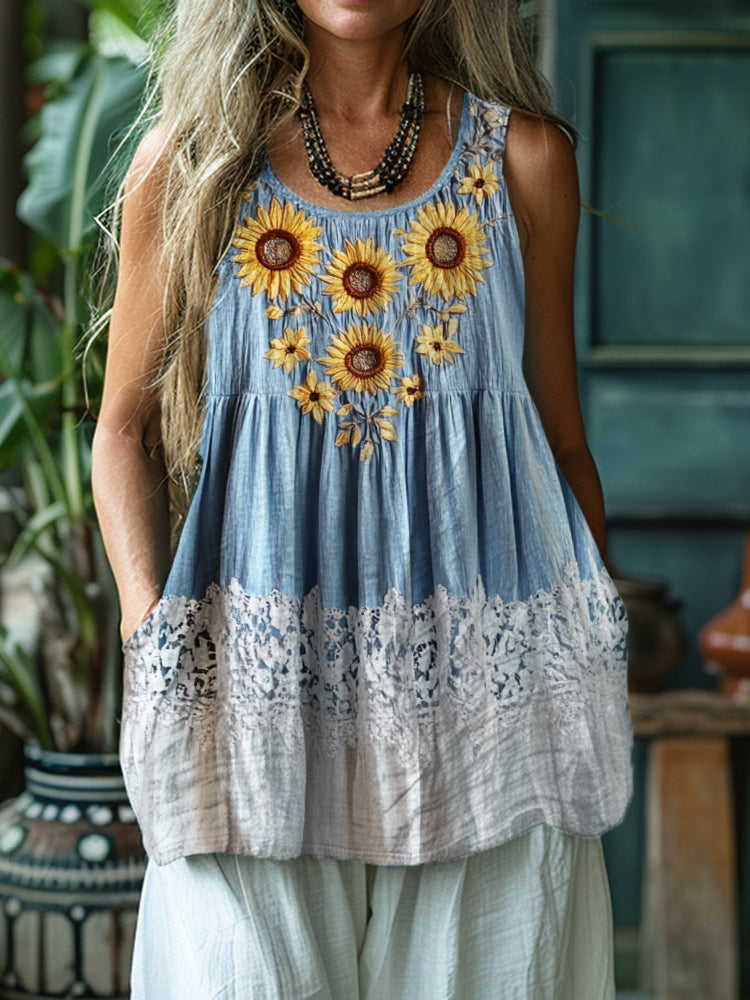 Boho Sunflowers Embroidered Lace Patchwork Linen Tank Top elevenforest