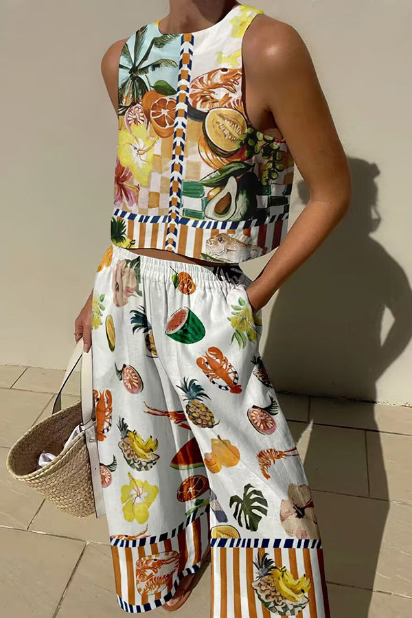 Comforts Linen Blend Tropical Fruit Print Tank and Elastic Waist Pocketed Pants Set
