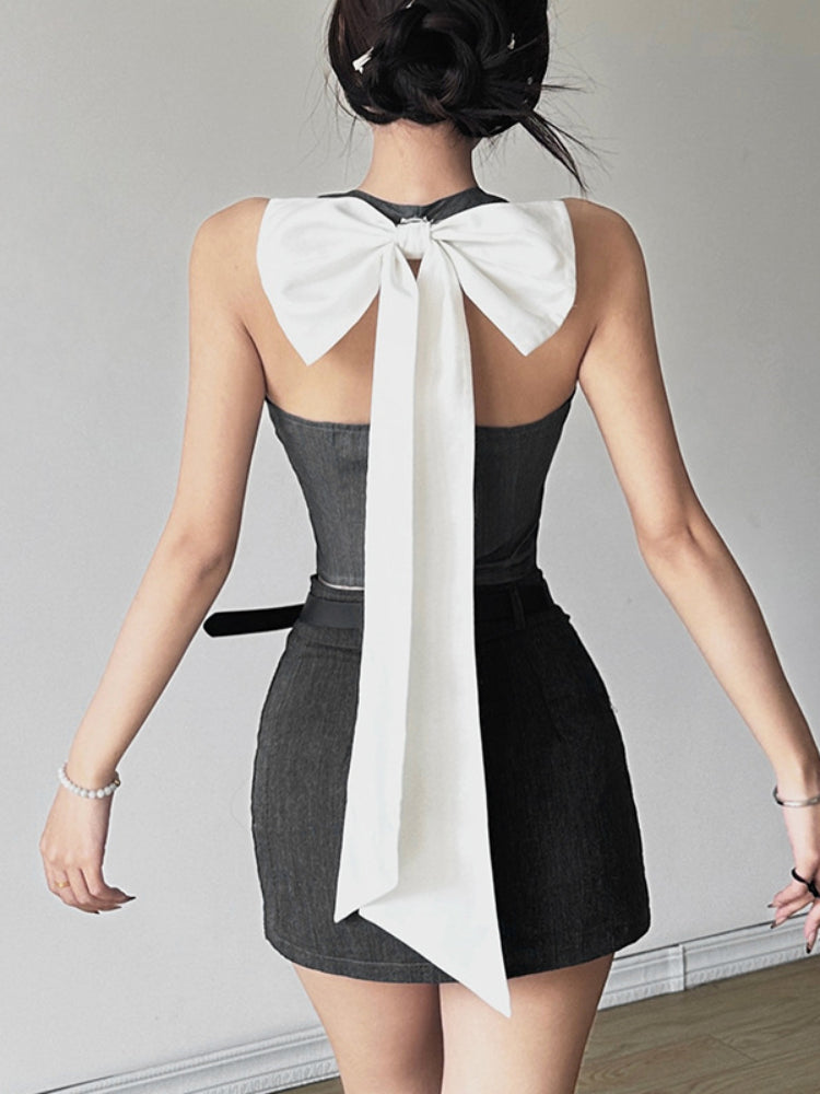 Taruxy Deep V Neck Crop Tops for Button Sleeveless Temperament Slim Vest Woman Backless Bow Tank Top Femme