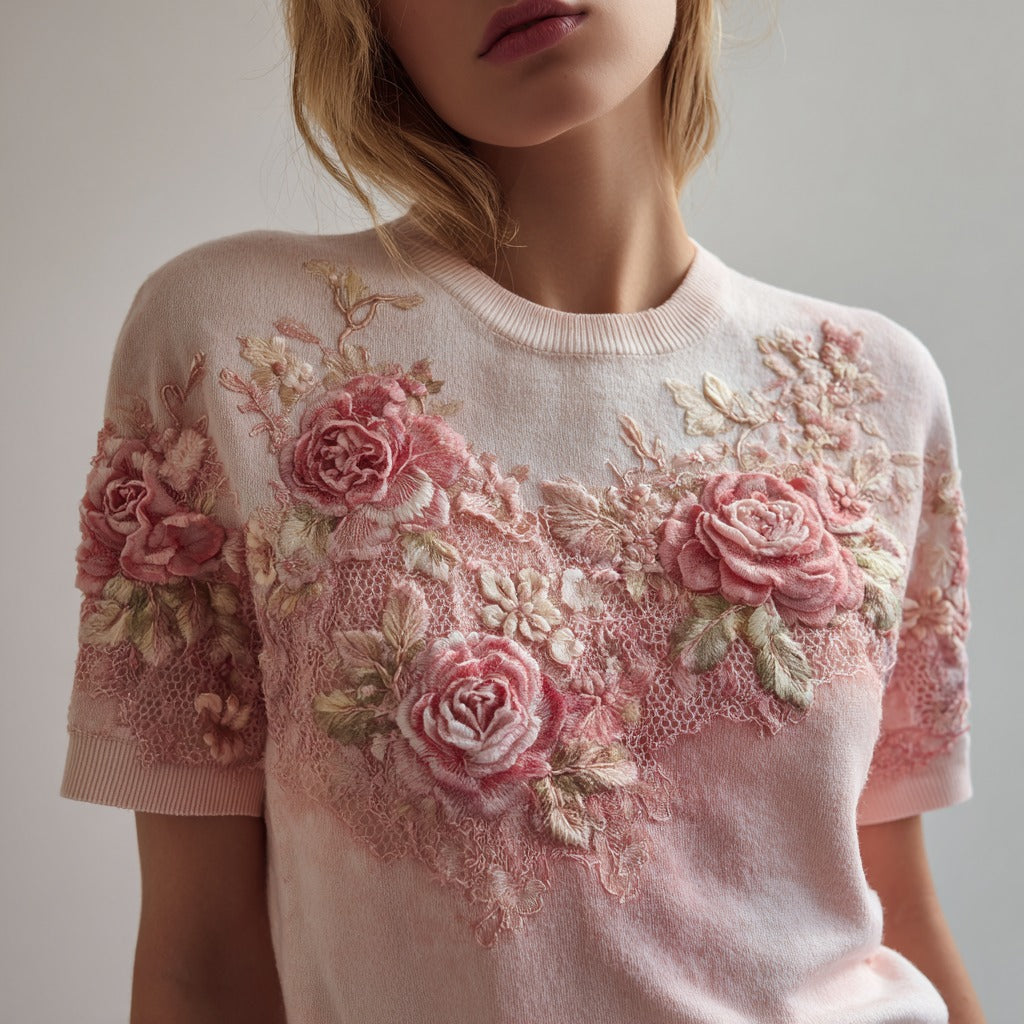 Women's Fashion Rose Embroidery Gradient Cotton Round Neck T-shirt elevenforest