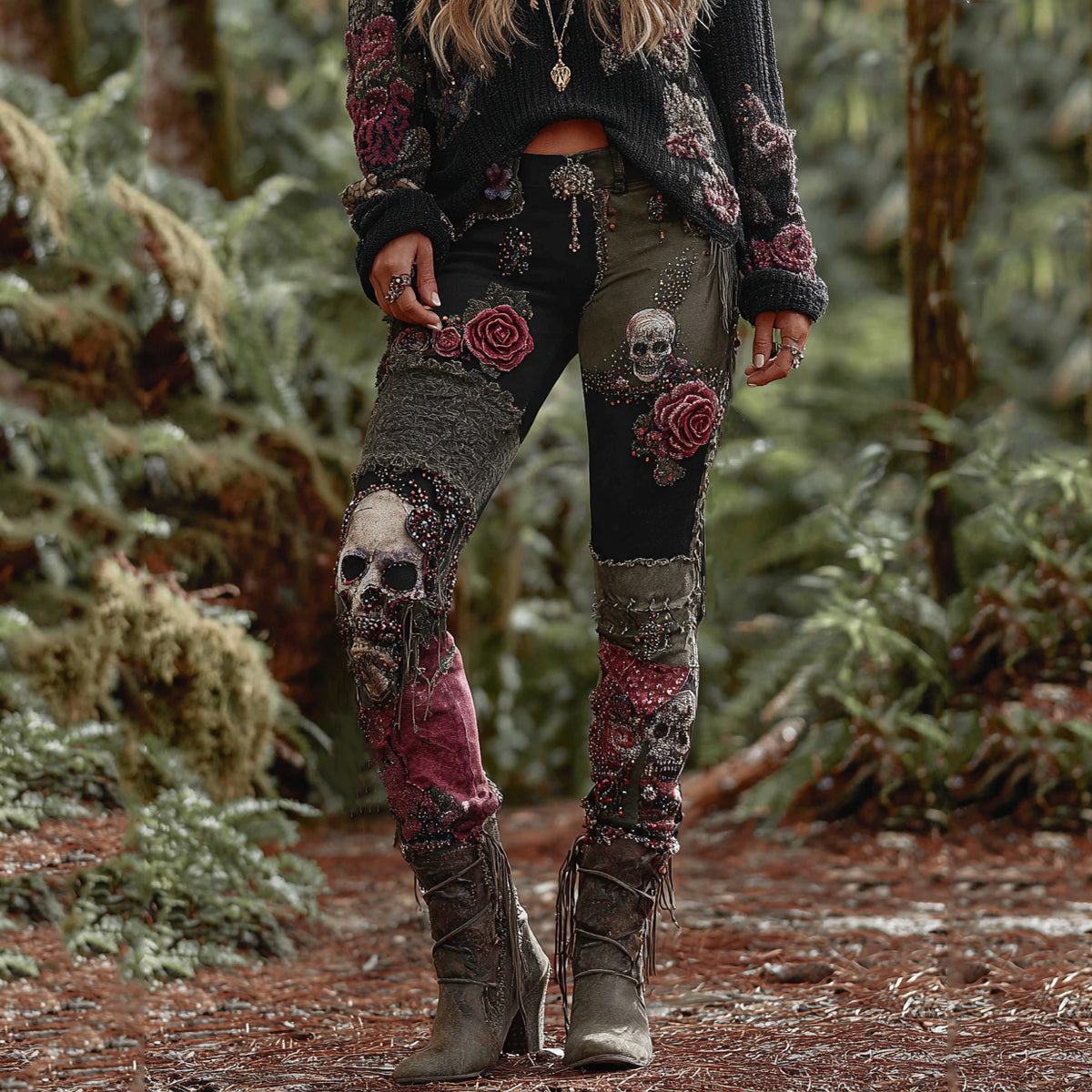Rose Skull Gothic Patchwork Rock Leggings elevenforest