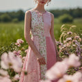 Vintage Cottagecore Pink Floral Patchwork Linen Maxi Dress elevenforest