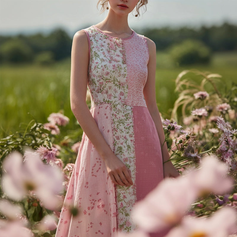 Vintage Cottagecore Pink Floral Patchwork Linen Maxi Dress elevenforest