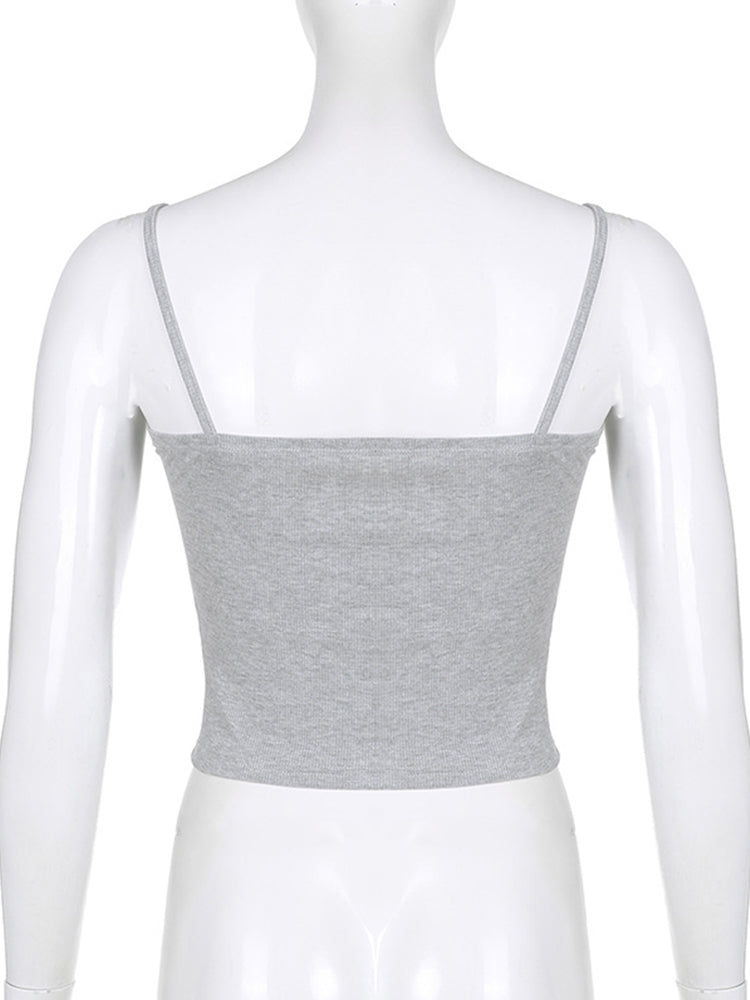 Y2k Bow Knitted Crop Top Lace V Neck Mini Vest Basic Camis Harajuku Grey Sweats Aesthetic Korean Tee