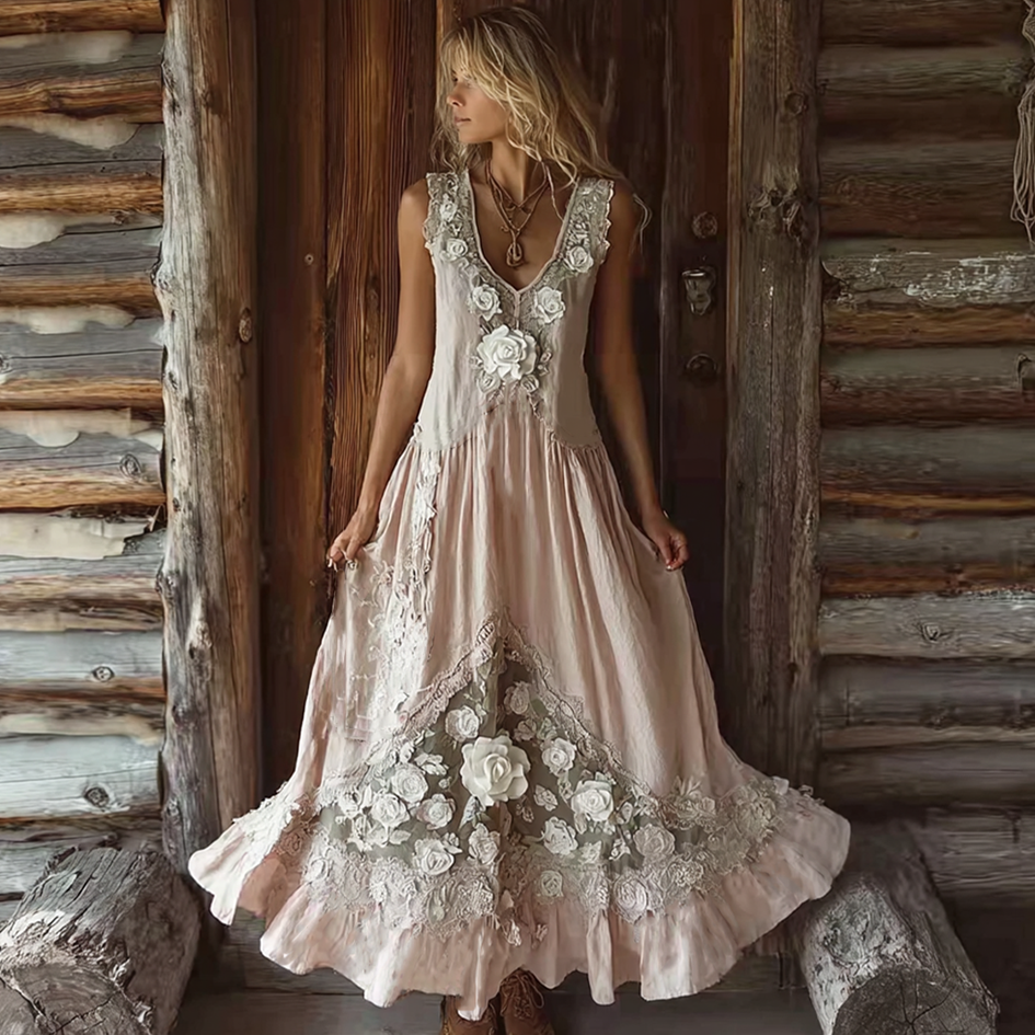 Bohemian Retro Lace Patchwork Plant Flower Pattern Cotton And Linen Sleeveless Dress elevenforest