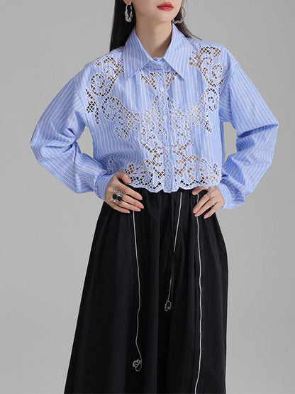 Long Sleeves Loose Buttoned Hollow Color Lapel Blouses&shirts Tops