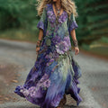 Vintage Green And Purple Lavender And Floral Embroidered Art Linen Maxi Dress elevenforest