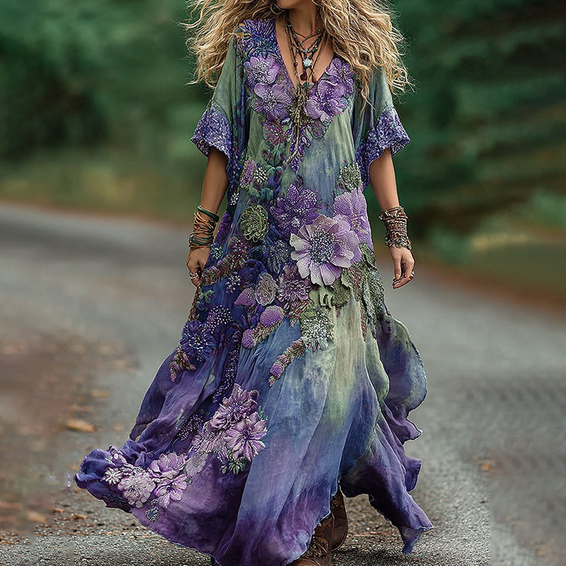 Vintage Green And Purple Lavender And Floral Embroidered Art Linen Maxi Dress elevenforest